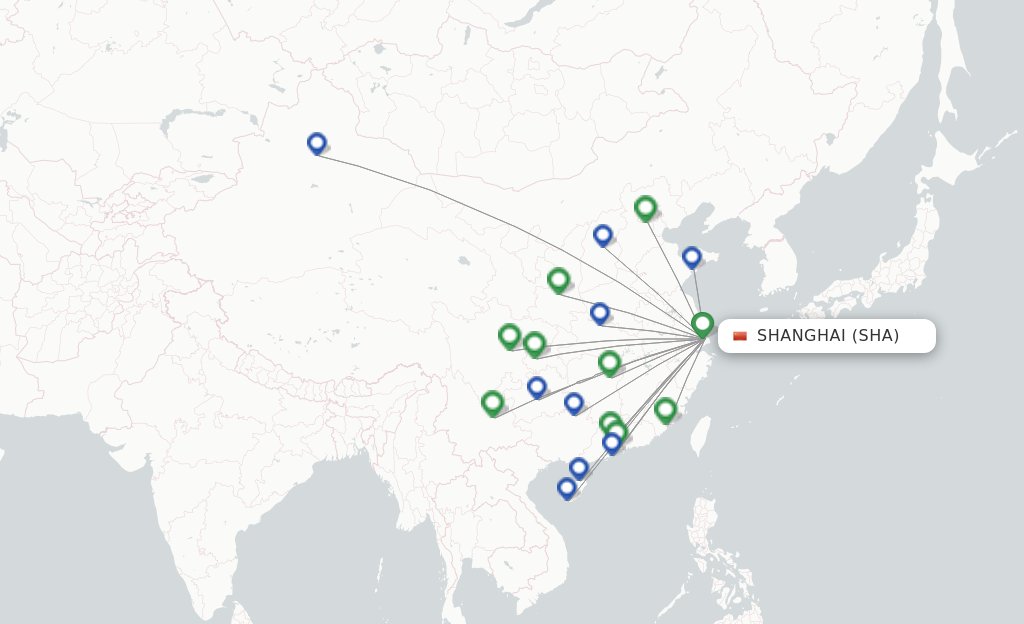 Route map with flights from Shanghai with Juneyao Airlines