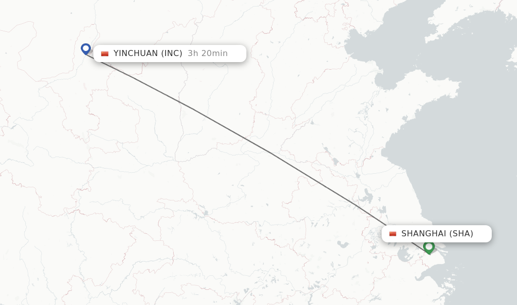 Flights from Shanghai to Yinchuan route map
