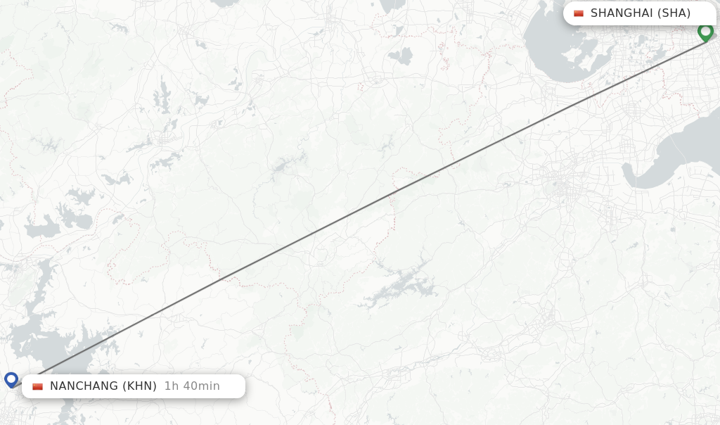 Flights from Shanghai to Nanchang route map