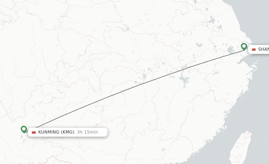 Flights from Shanghai to Kunming route map