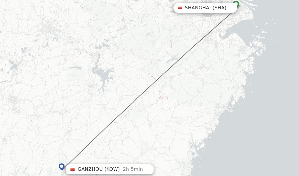 Flights from Shanghai to Ganzhou route map