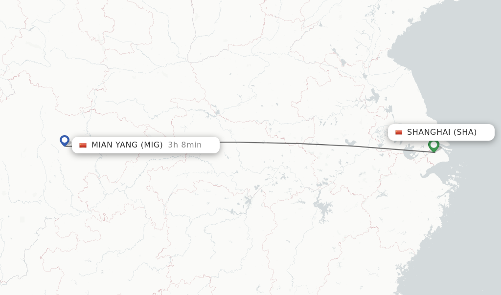 Flights from Shanghai to Mian Yang route map