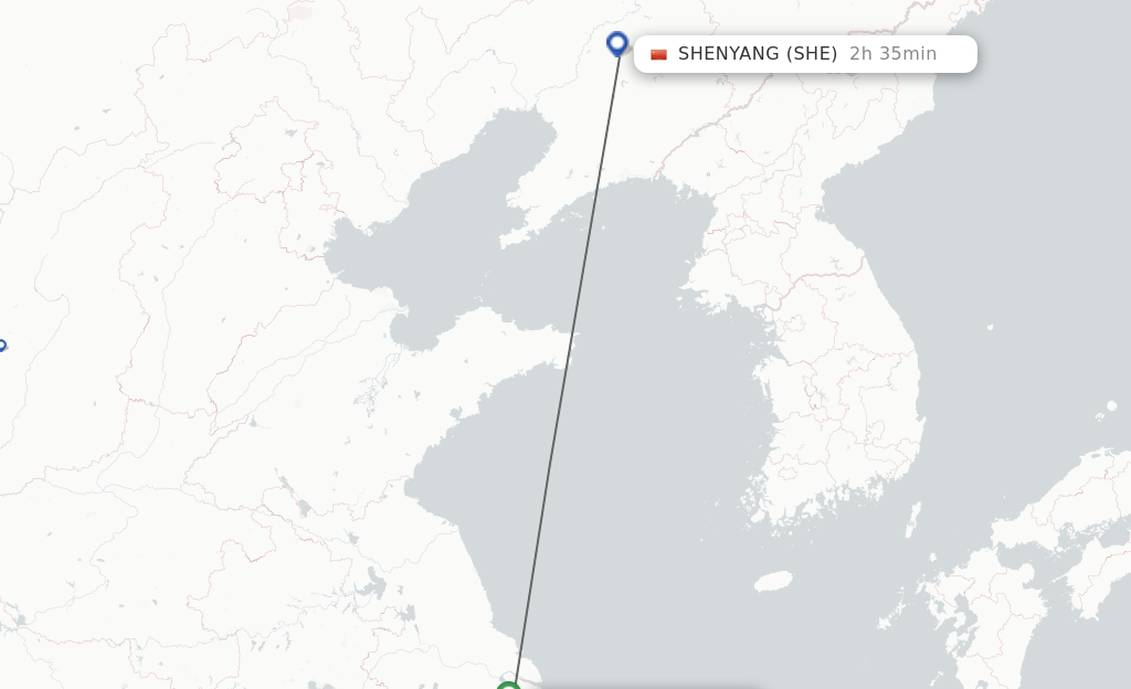 Flights from Shanghai to Shenyang route map