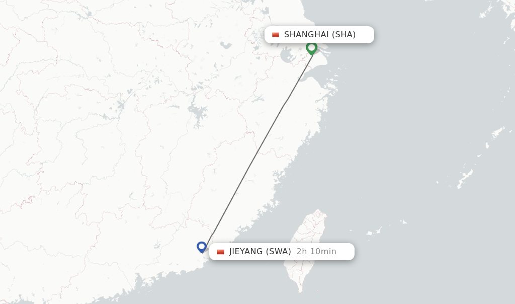 Flights from Shanghai to Jieyang route map