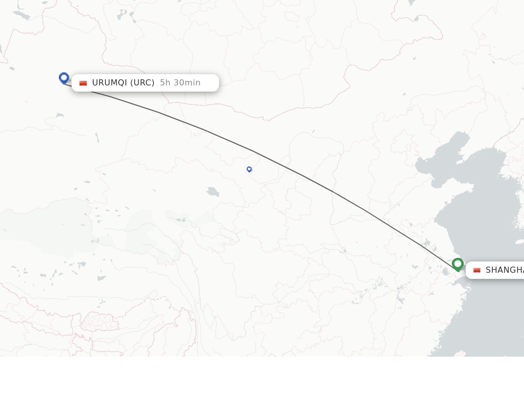 Flights from Shanghai to Urumqi route map