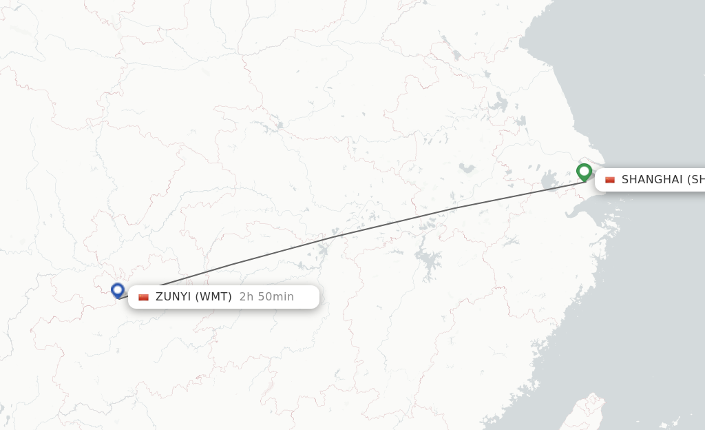 Flights from Shanghai to Zunyi route map