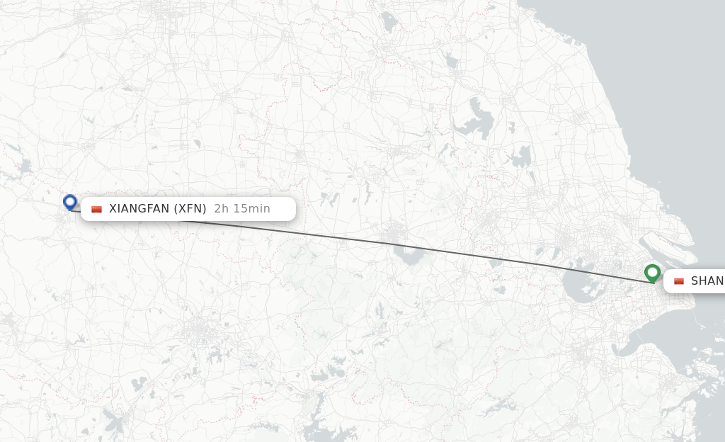 Flights from Shanghai to Xiangyang route map