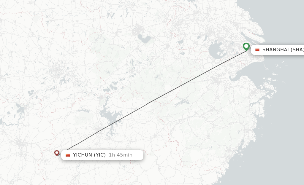 Flights from Shanghai to Yichun route map