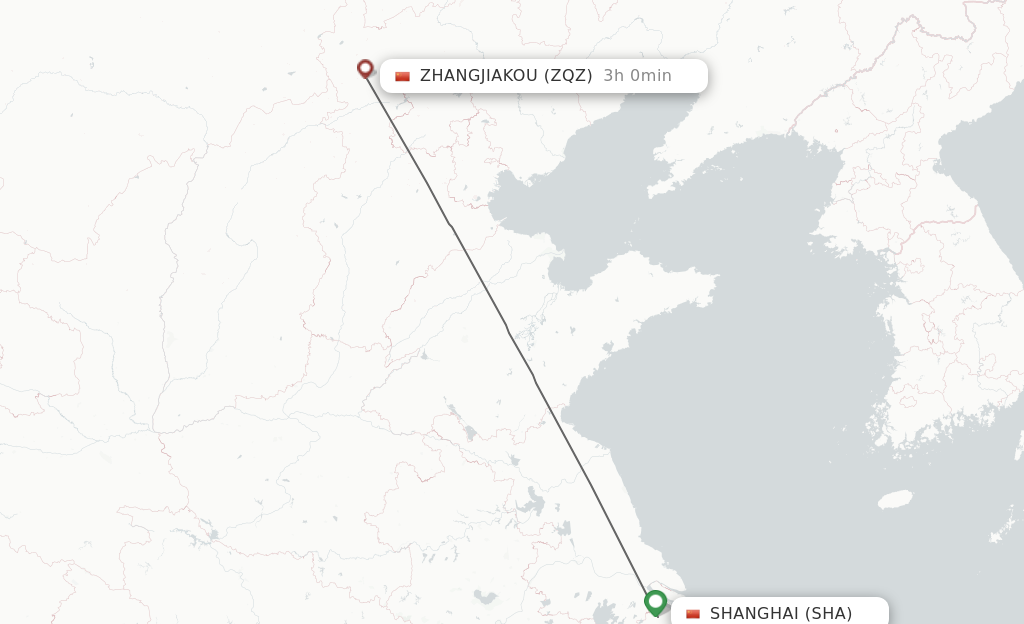 Flights from Shanghai to Zhangjiakou route map