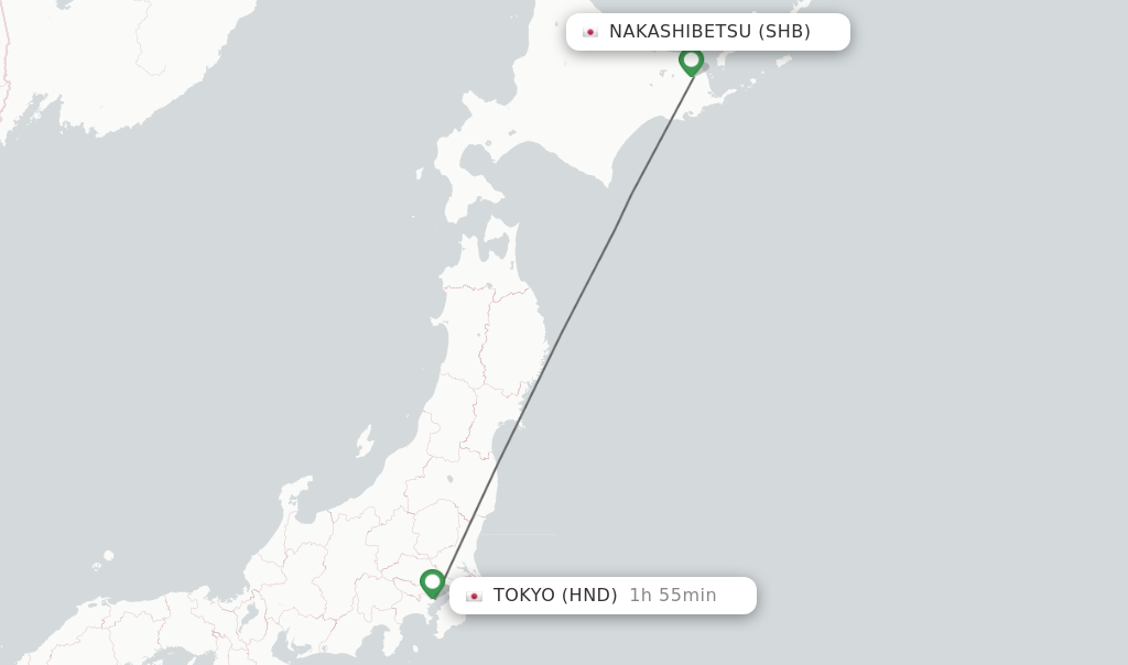 Flights from Nakashibetsu to Tokyo route map