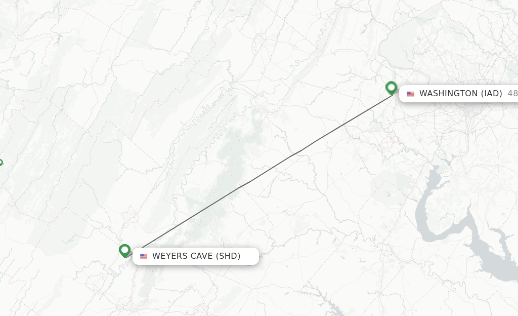 Flights from Staunton to Dulles route map