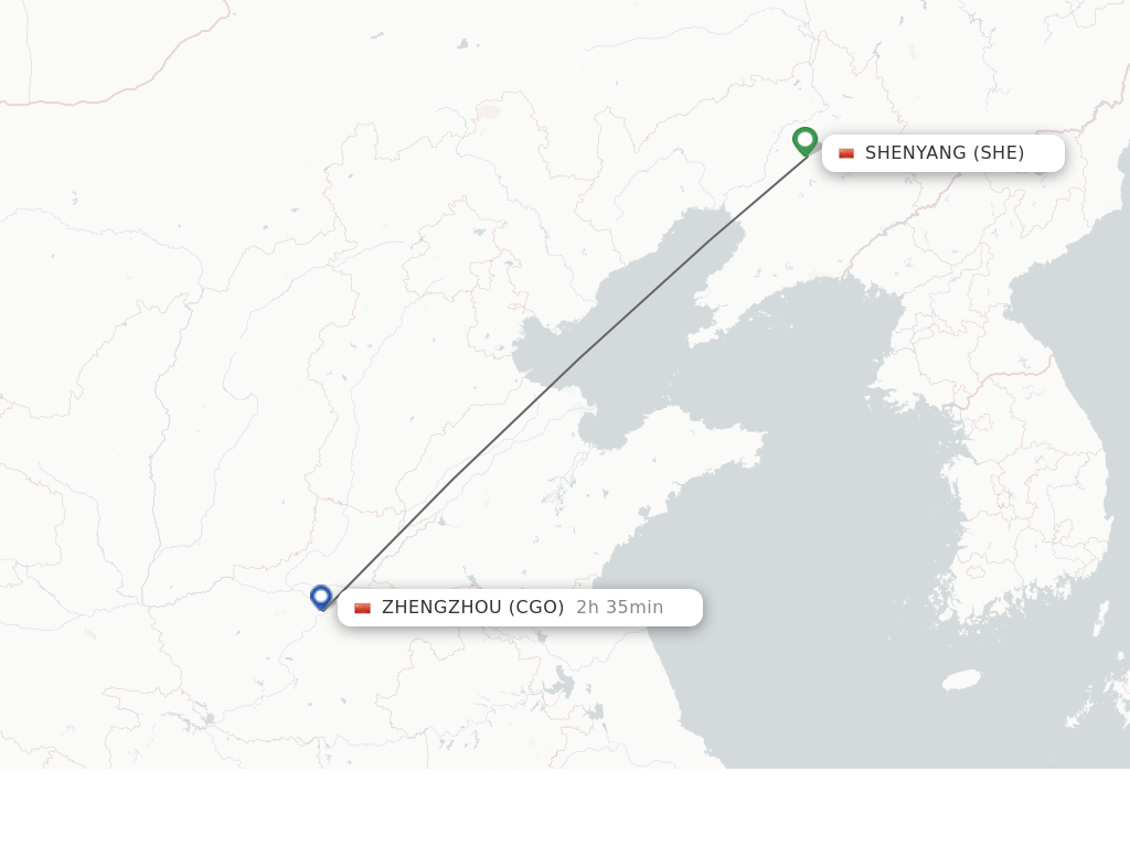 Flights from Shenyang to Zhengzhou route map