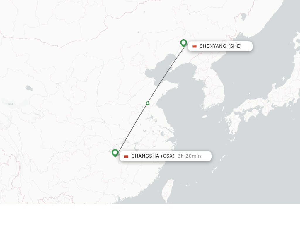 Flights from Shenyang to Changsha route map