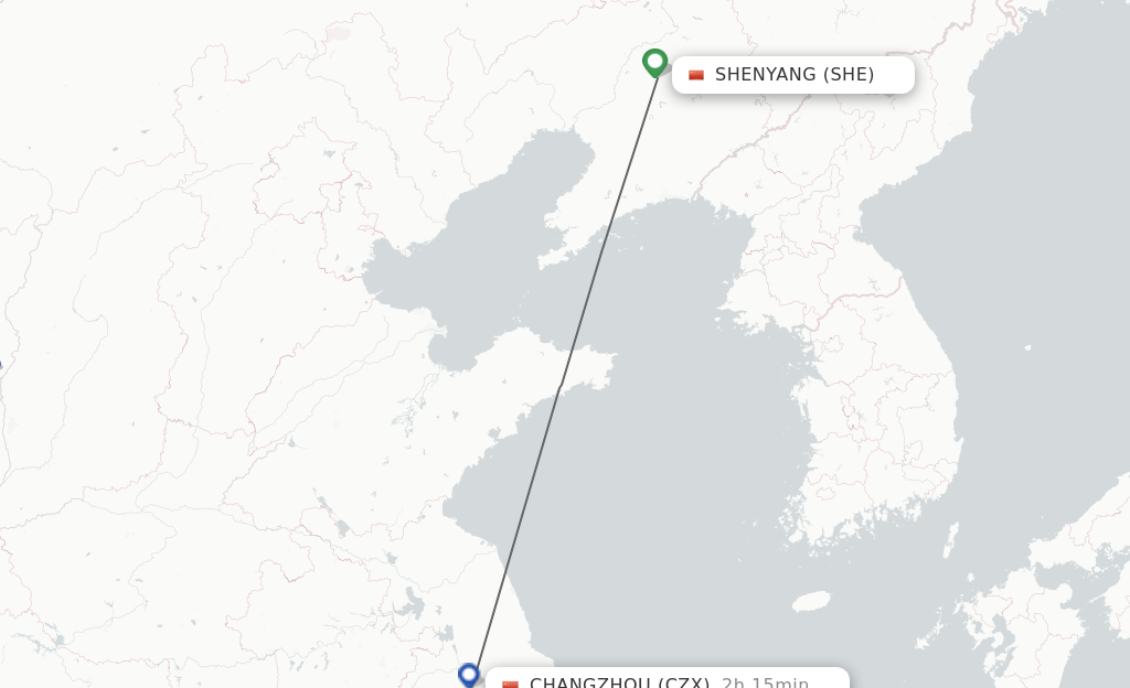 Flights from Shenyang to Changzhou route map
