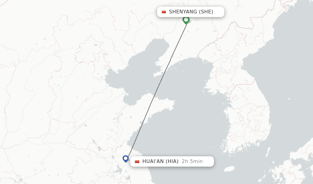 Flights from Shenyang to Huai'an route map