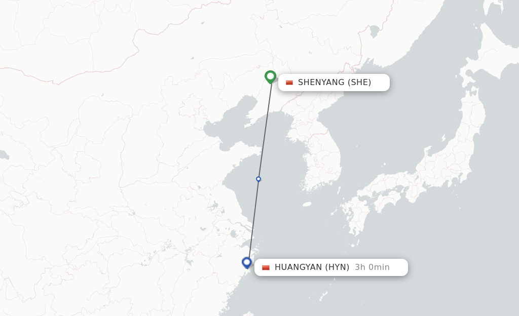 Flights from Shenyang to Taizhou route map