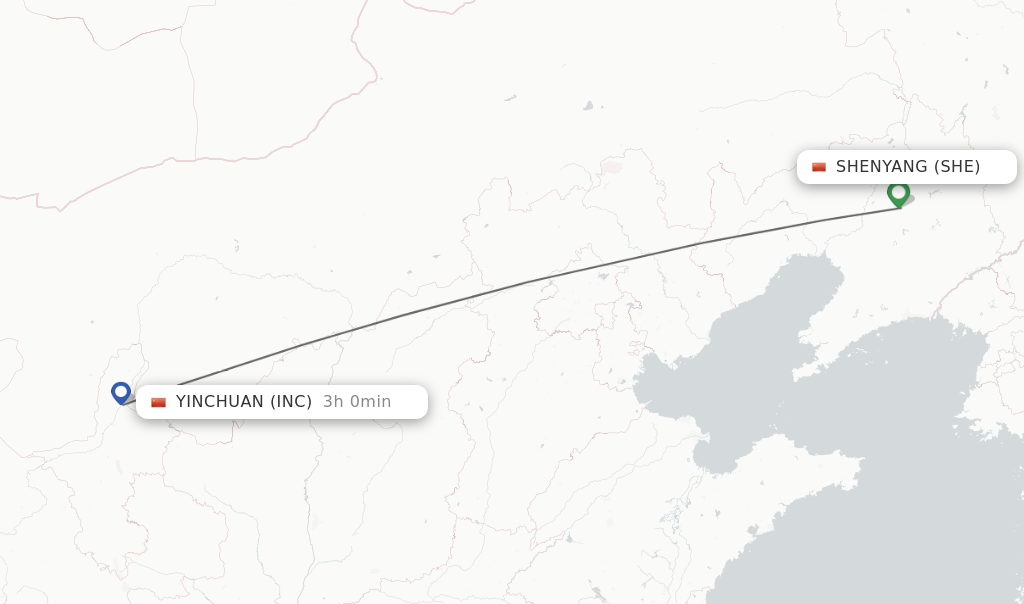 Flights from Shenyang to Yinchuan route map