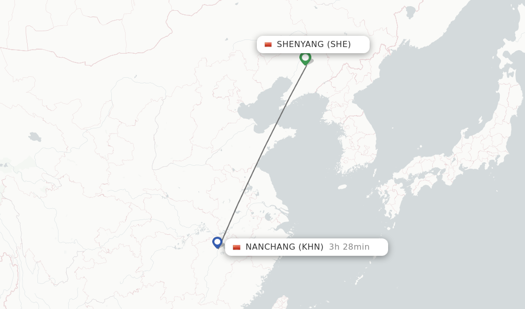 Flights from Shenyang to Nanchang route map