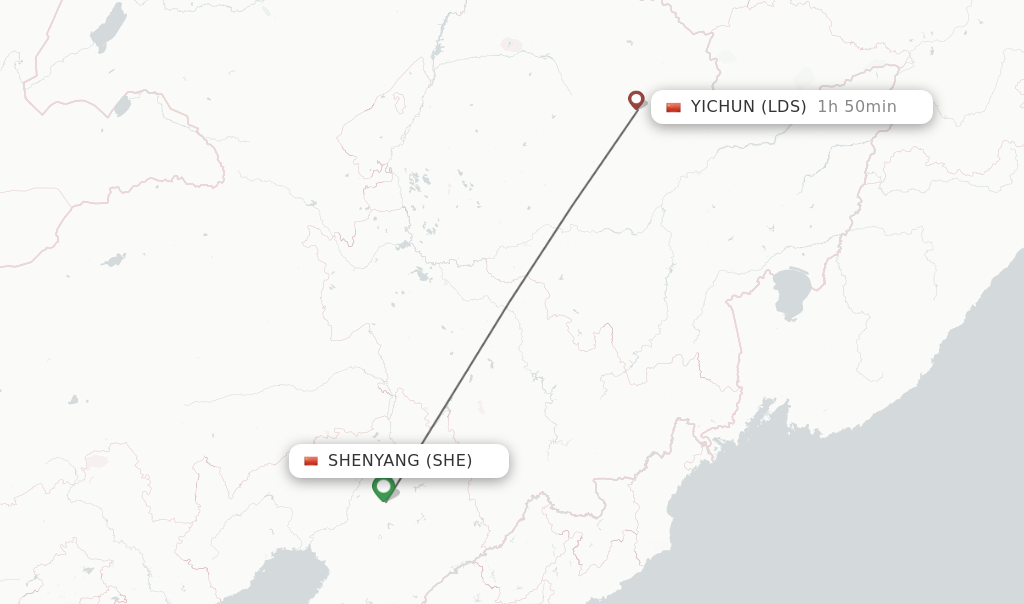 Flights from Shenyang to Yichun route map