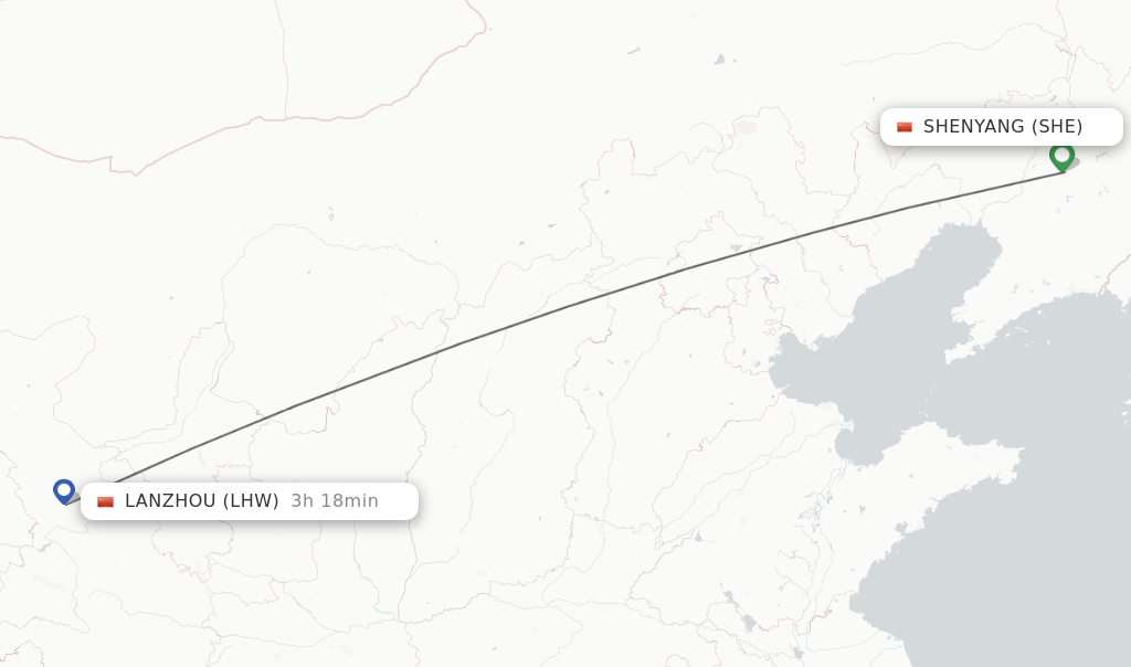 Flights from Shenyang to Lanzhou route map