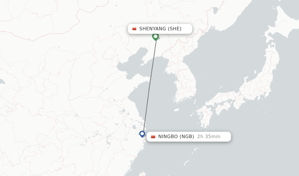 Flights from Shenyang to Ningbo route map