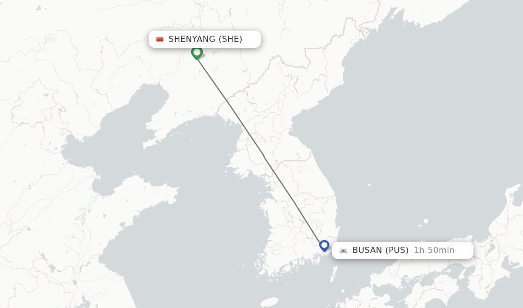 Flights from Shenyang to Busan route map