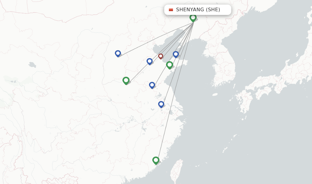 Route map with flights from Shenyang with Shandong Airlines