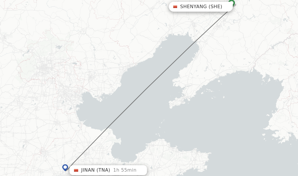 Flights from Shenyang to Jinan route map