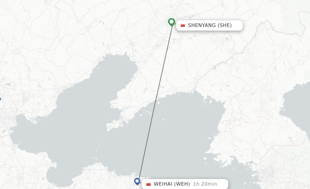 Flights from Shenyang to Weihai route map