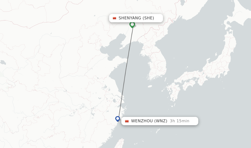 Flights from Shenyang to Wenzhou route map