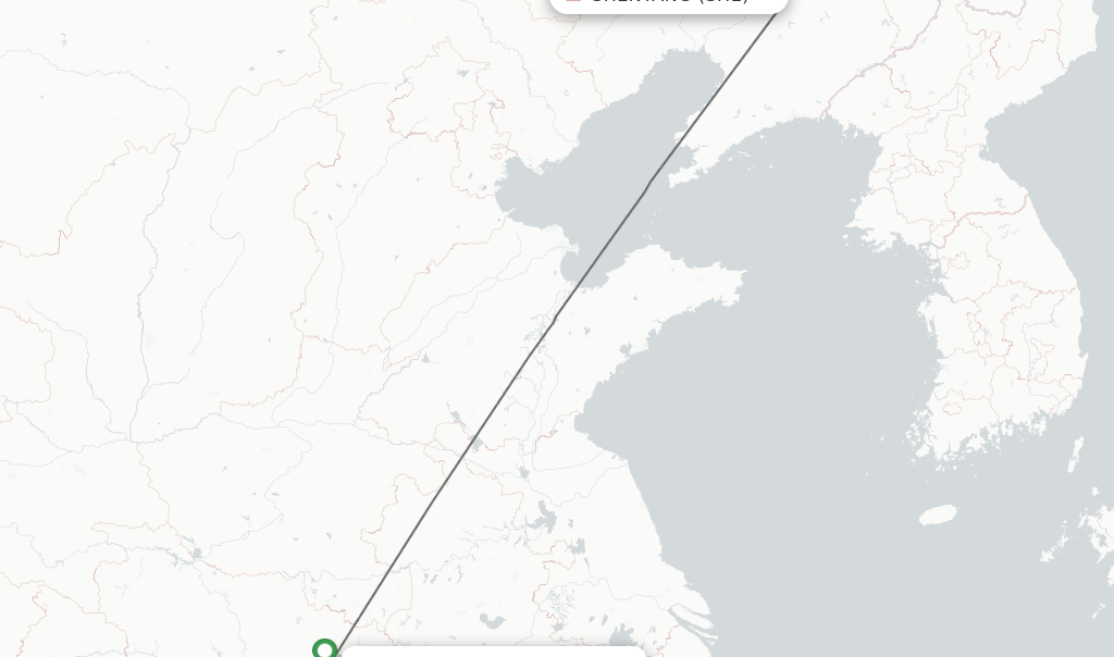 Flights from Shenyang to Wuhan route map