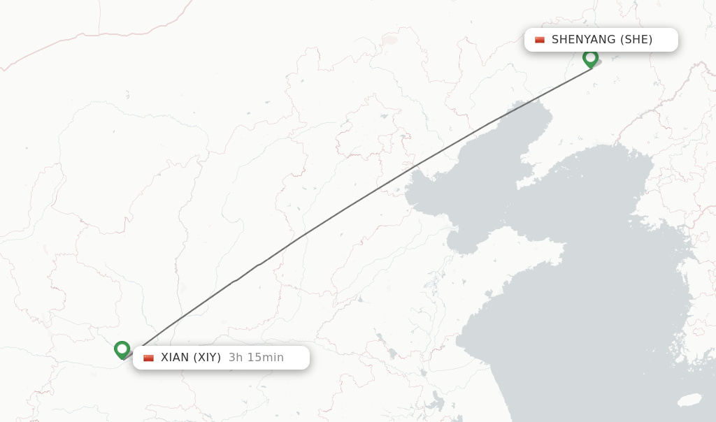 Flights from Shenyang to Xian route map