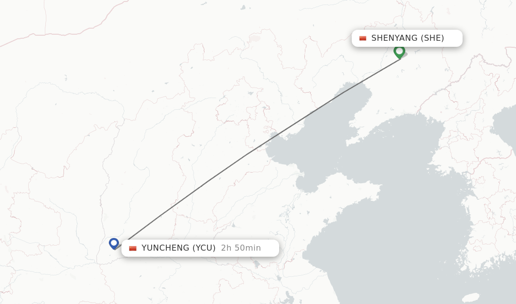 Flights from Shenyang to Yuncheng route map
