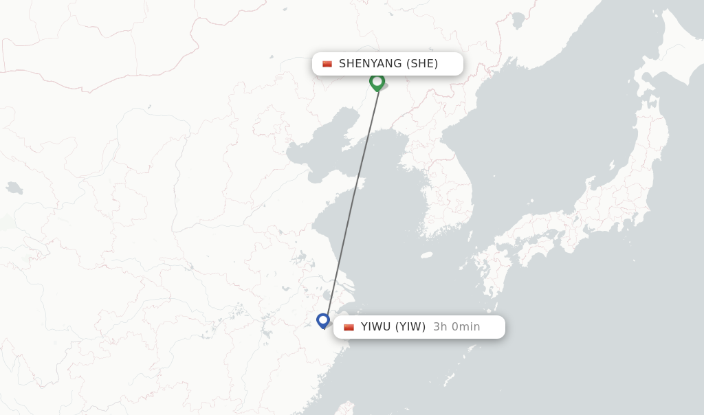 Flights from Shenyang to Yiwu route map