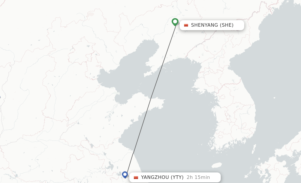 Flights from Shenyang to Yangzhou route map