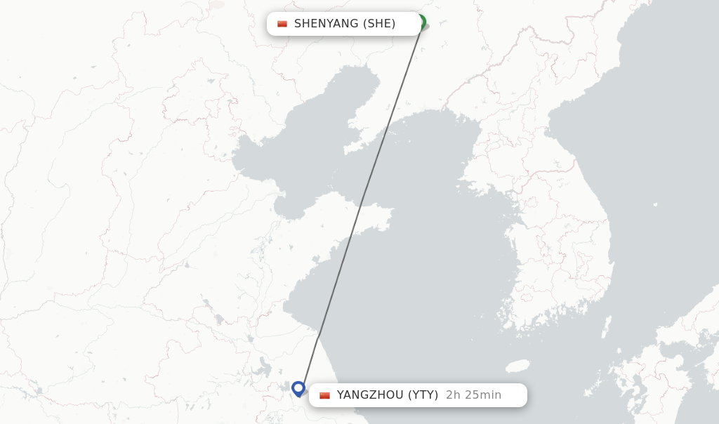 Flights from Shenyang to Yangzhou route map