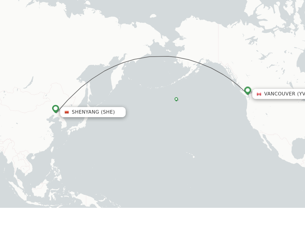Flights from Shenyang to Vancouver route map