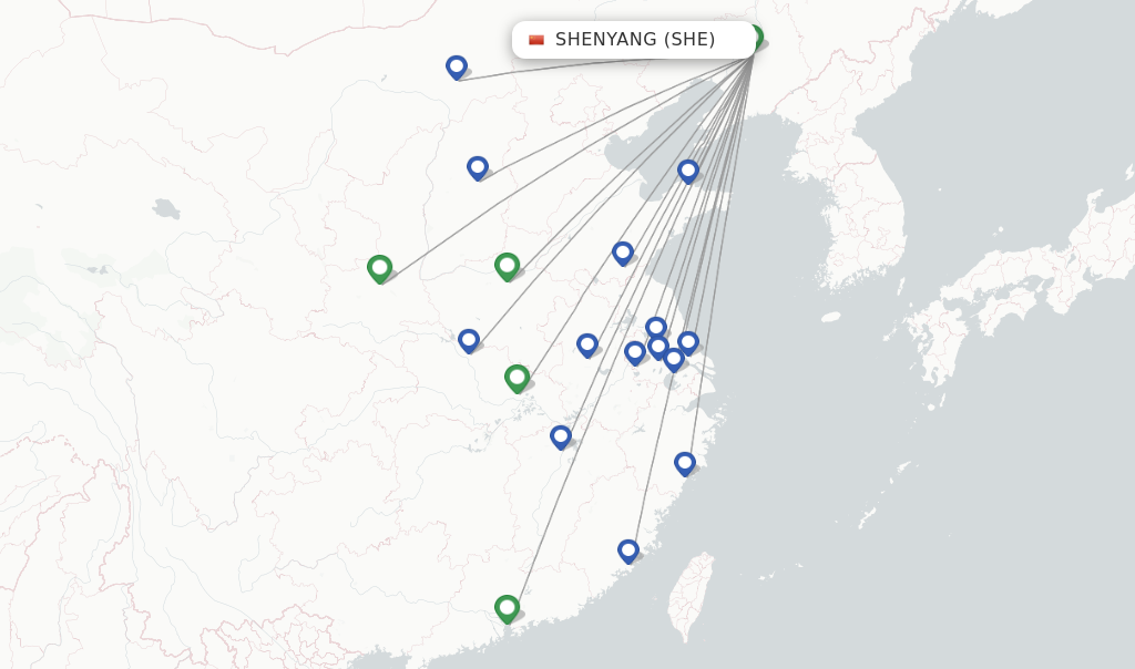 Route map with flights from Shenyang with Shenzhen Airlines