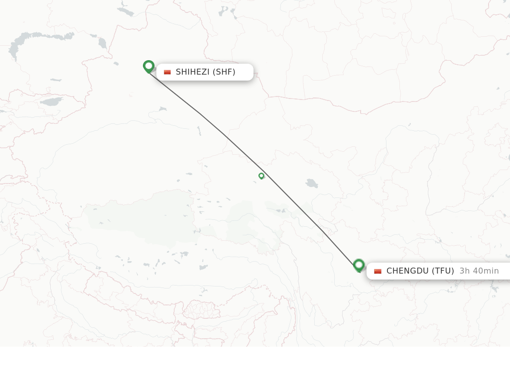 Flights from Shihezi to Chengdu route map