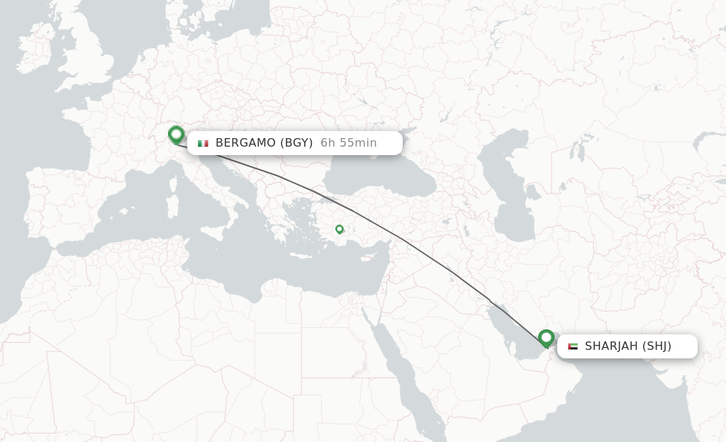 Flights from Sharjah to Milan route map