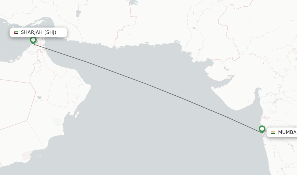 Flights from Sharjah to Mumbai route map