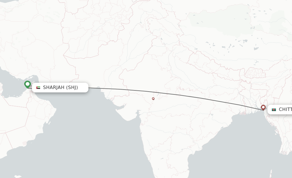 Flights from Sharjah to Chittagong route map
