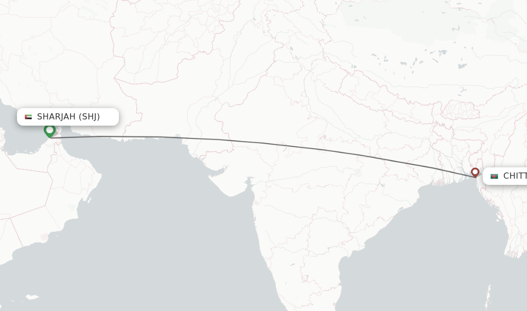 Flights from Sharjah to Chittagong route map