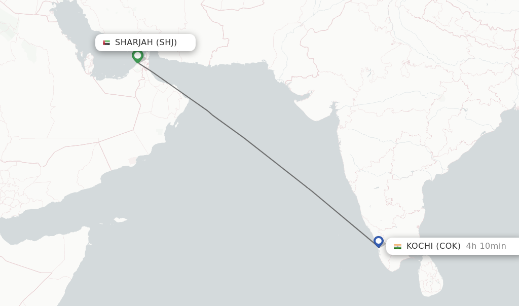 Flights from Sharjah to Kochi route map