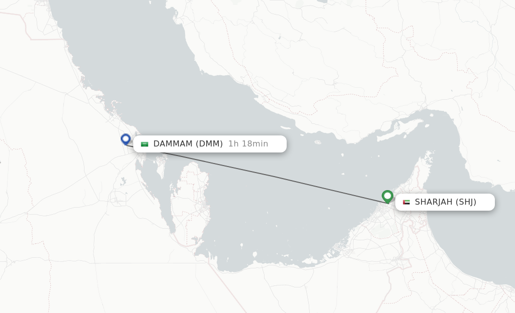 Flights from Sharjah to Dammam route map