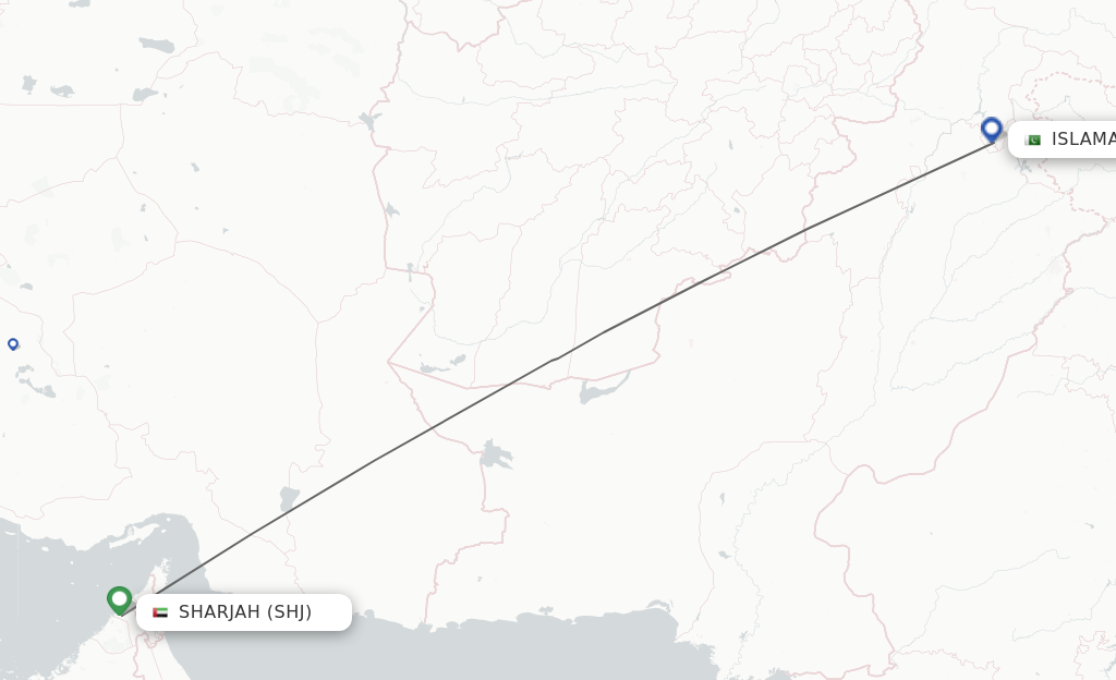 Flights from Sharjah to Islamabad route map