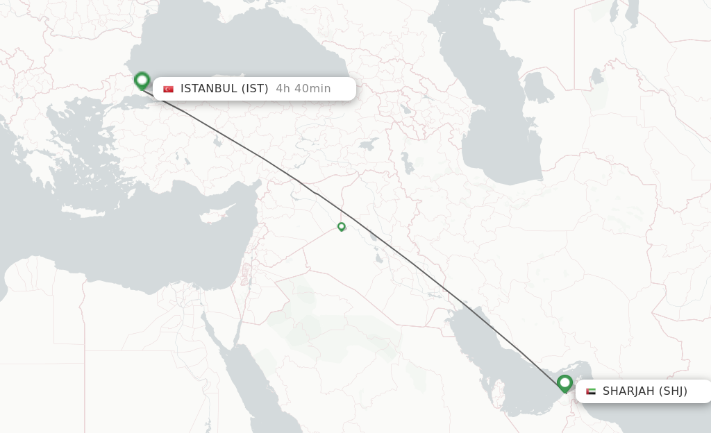 Flights from Sharjah to Istanbul route map