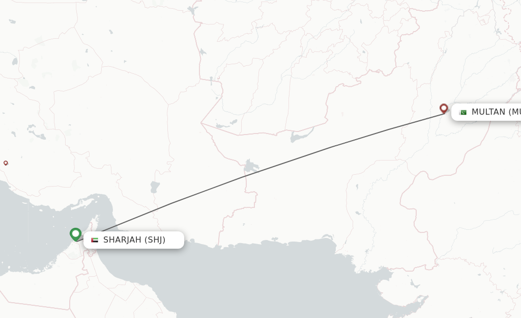 Flights from Sharjah to Multan route map