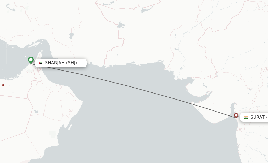 Flights from Sharjah to Surat Gujarat route map