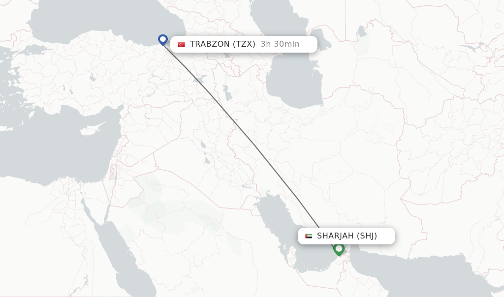 Flights from Sharjah to Trabzon route map